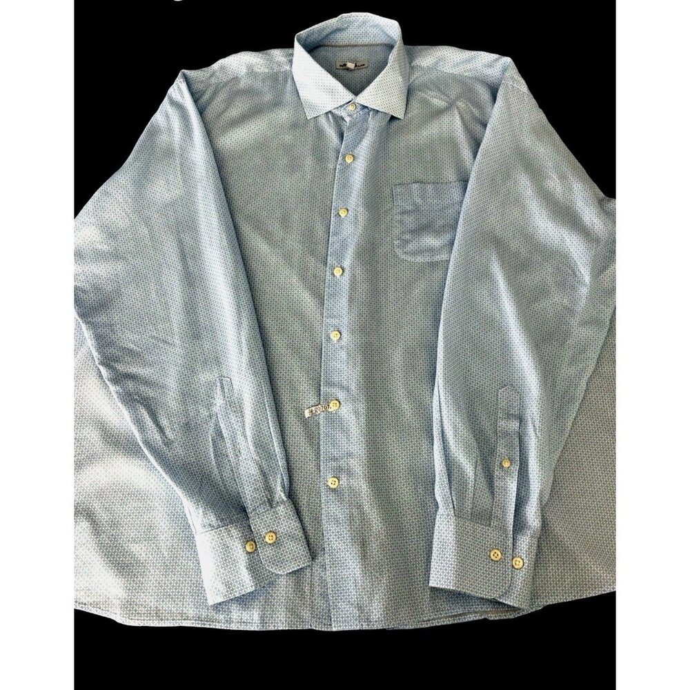 Peter Millar Size XXL Long Sleeve Button Up Blue Print Shirt Lyocell Linen